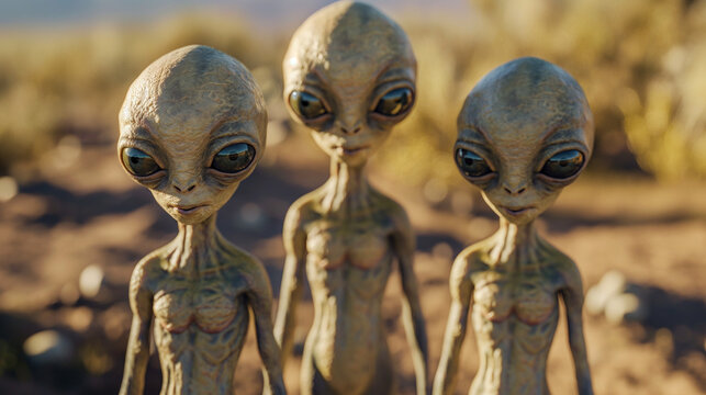 Three Grey aliens standing in a desert landscape.