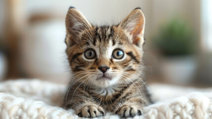 Visualize a kitten sitting in the center of a cyclorama in a photography studio, with soft, diffused lighting enhancing its fur and features. The kitten's playful pose, perhaps with a paw raised