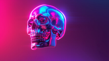 Human skull in vibrant purple and blue neon light. Copy space.