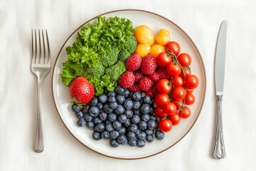 A plate of assorted fruits and vegetables, The plate is colorful and appetizing, and it conveys a sense of health and wellness.