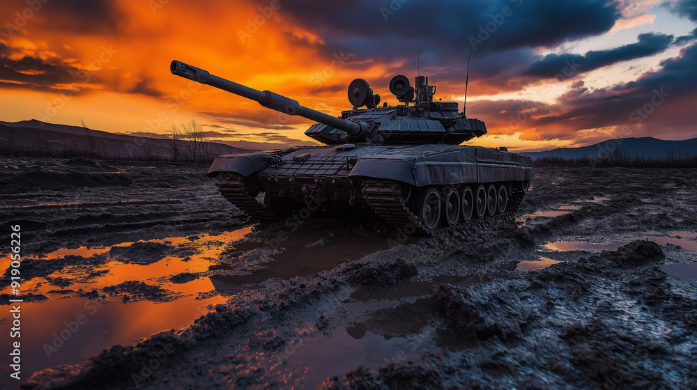 Wall mural Military tank in muddy field at sunset.