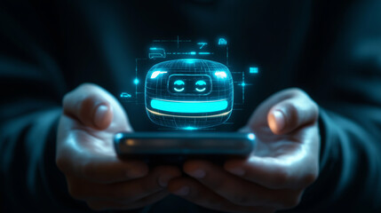 Person holding phone with futuristic car icon.