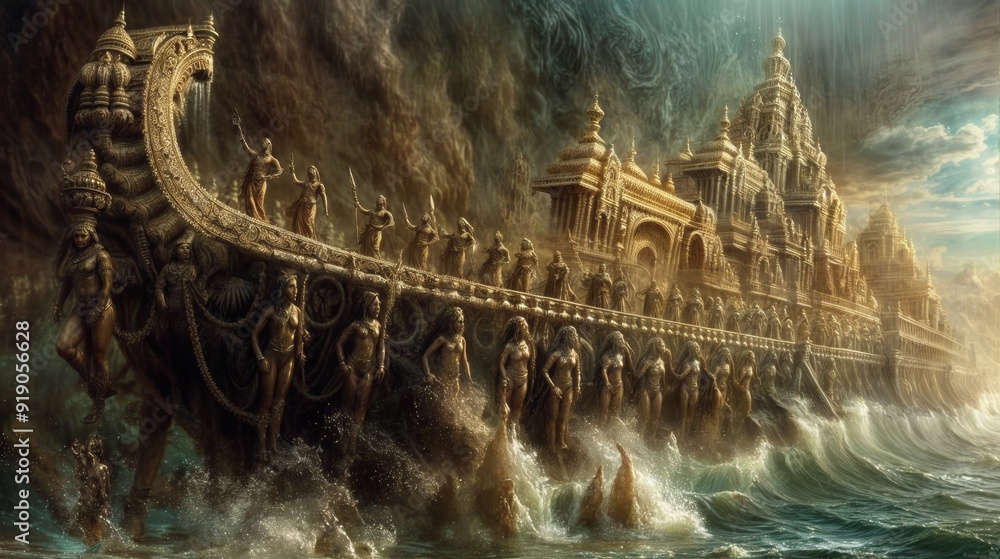 Wall mural an ancient ship adorned with intricate sculptures of mythical figures sails through stormy seas, exu