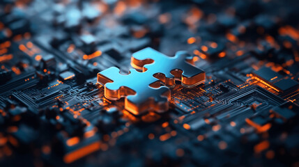 Close-up of a circuit board with an orange-toned puzzle piece fitting into it, symbolizing integration and connection within technology.