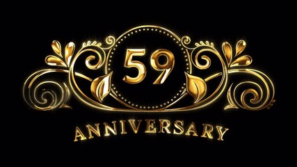 59th Anniversary Celebration. Happy 59 Years Anniversary Animation in Gold Color on the Transparent Background, Alpha Channel. Great for greetings, celebrations, events, and gifts.