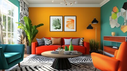 The room has a modern and colorful design.