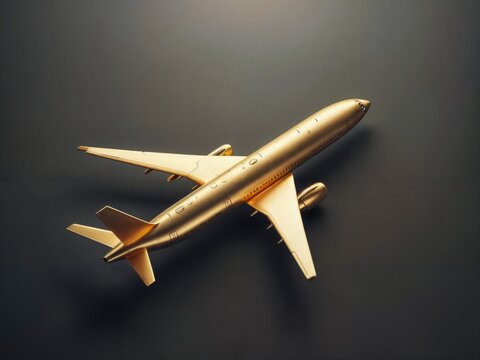A golden airplane model displayed on a dark background, highlighting its sleek design and luxurious appearance..
