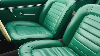 Obraz premium Faded green leather seats in an old British roadster, cracked but well-maintained, natural wear and tear, soft daylight highlighting texture
