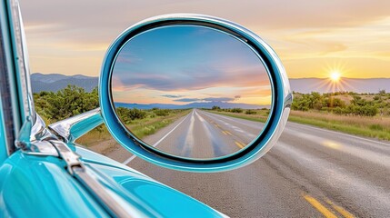 Naklejka premium Rearview mirror of a classic car reflecting a deserted road, soft focus background, vintage film effect, muted colors, sun setting in the distance
