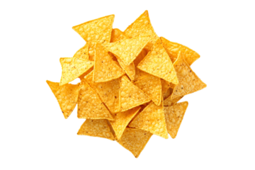A pile of crispy nachos isolated on white background.
