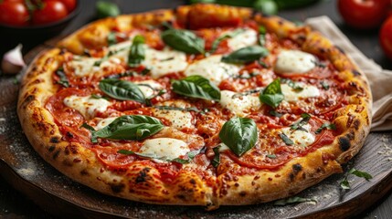 A close-up of a freshly baked pepperoni pizza topped with mozzarella cheese and fresh basil leaves.