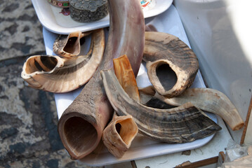 A collection of shofars made from the horns of kosher animals and used in the observance of the...