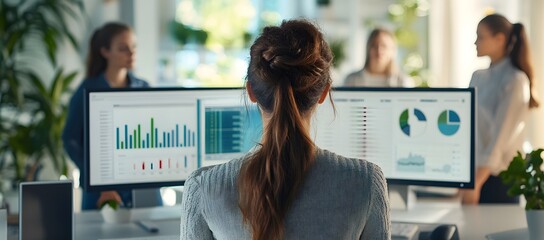 Businesswoman sitting at her desk in front of two monitors with bar charts, she is facing away from the camera and talking to other women standing behind her.