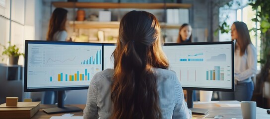 Businesswoman sitting at her desk in front of two monitors with bar charts, she is facing away from the camera and talking to other women standing behind her.
