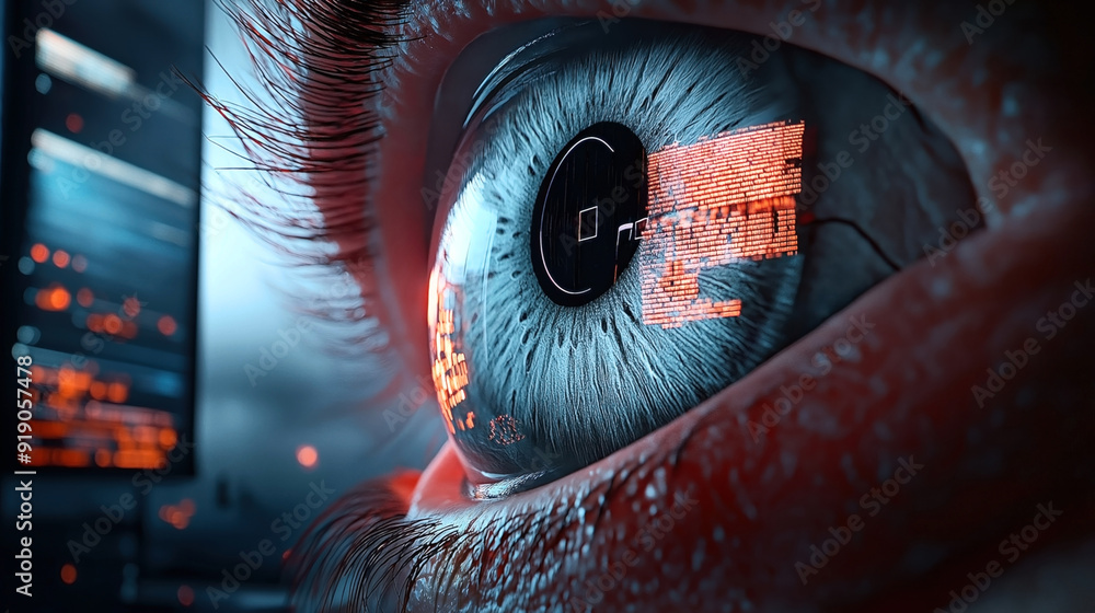 Wall mural close-up of a human eye with digital code reflected in the iris, symbolizing technology integration 