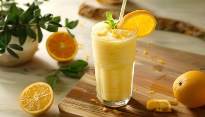 Milk shake with orange and mint in a glass on the table
