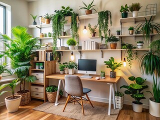 Cozy home office setup with a thriving green plant and inspiring motivational phrases on the wall, creating a productive and organized remote work atmosphere.