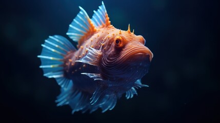 Closeup of an orange and blue fish in an aquarium