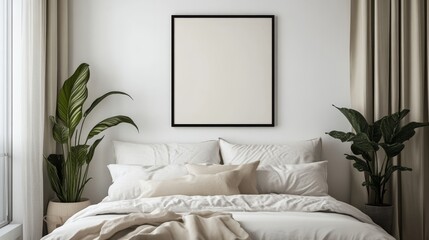 Minimalist Bedroom Interior with Blank Framed Canvas and Plants