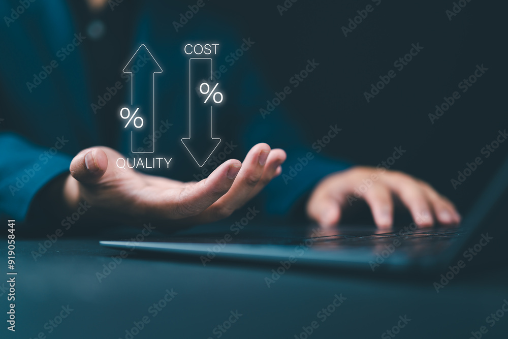 Poster cost reduction concept. quality increase and cost optimization for products or services to improve a