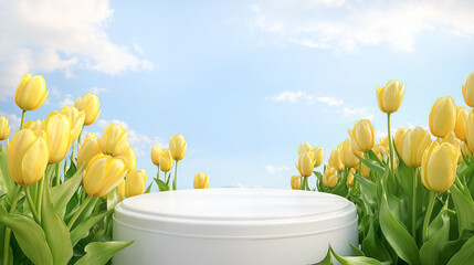 Empty white product display podium surrounded by yellow tulip flowers against blue sky with clouds 