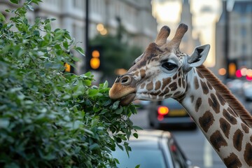 Obraz premium A photo of a giraffe exploring the city in London. Demonstrating concepts including urban wildlife, habitat loss, urbanisation, adaptation, nature versus civilisation, wildness versus modernity.
