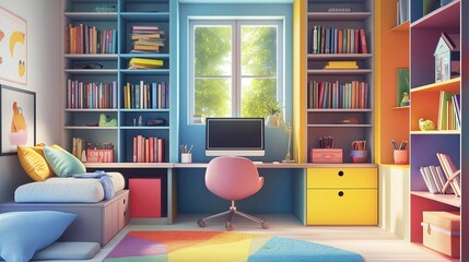 Interior of a children's room with a computer on the table, bookshelves with books and a window. 3d rendering. Colorfully decorated children's room, bright colors.