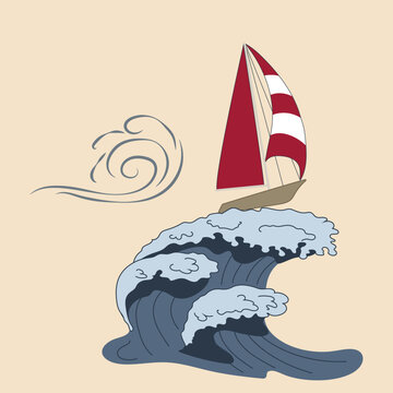 Sailboat on the crest of a wave with a tailwind vector illustration on a beige background
