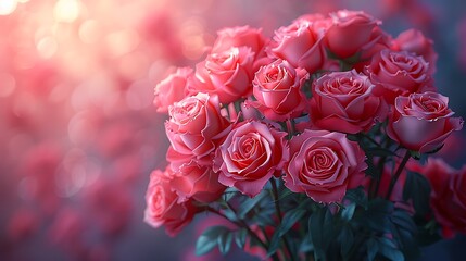 Obraz premium A bouquet of roses, various shades of red and pink, elegant and lush, wrapped in a decorative ribbon, set against a dreamy pastel background, anime style, hd quality, vivid colors, soft lighting.
