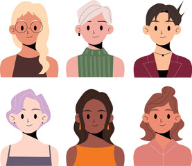 Girls characters avatars set. Portraits of smiling young women face. Employee avatar, professional person profile. Flat graphic vector illustrations.
