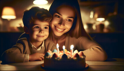 Mom and her son sitting at a table, both focused intently on a birthday cake in front of them. 