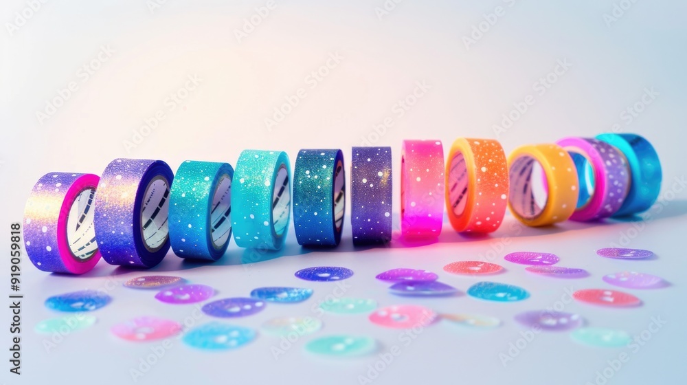 Poster a collection of colorful washi tapes arranged neatly on a table surface