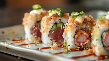 Embark, culinary, journey, Fusion, sushi, rolls, harmoniously, blend, Japanese, Western, flavors, cuisine, gourmet, culinary art, food, seafood, elegant, presentatio