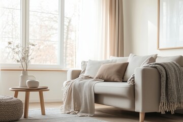 Obraz premium A living room with a white couch, The room is decorated with a few potted plants and a vase. The atmosphere is cozy and inviting