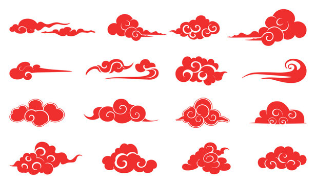 Chinese clouds red silhouettes icons set. Cloudy fog fluffy heaven sky shapes. Traditional cloudy ornaments in chinese, korean and japanese oriental style. Vector isolated clipart collection on white