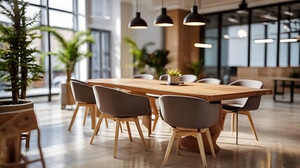 Fototapeta premium Coworking area with blurred background displaying modern office furniture and decor