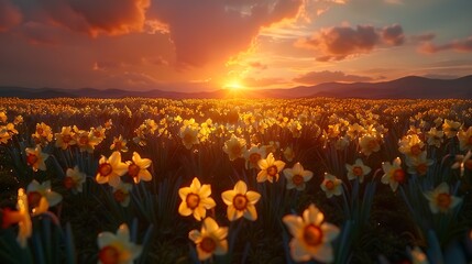Fototapeta premium A daffodil garden at sunset, rows of blooming daffodils, golden and pink hues in the sky, soft shadows, enchanting and serene atmosphere, anime style, hd quality, natural look. --ar 16:9 --v 6.0