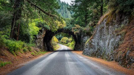 Scenic Road Through Natural Rock Tunnel in Forested Mountain Landscape