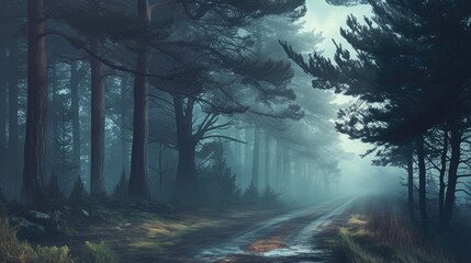 Obraz premium Misty Forest Pathway in Early Morning Light with Tall Pine Trees and Dense Fog Creating a Serene and Mysterious Atmosphere