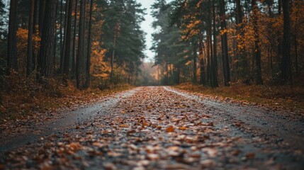 Serene Autumn Forest Path Covered in Fallen Leaves with Tall Trees on Both Sides
