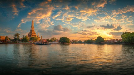 Stunning Sunset Over Wat Arun Temple in Bangkok, Thailand with Reflections on the Chao Phraya River and Vibrant Sky