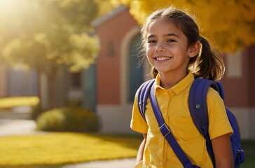 A young girl with a charming smile and a backpack slung over her shoulder stands against a sunny yellow backdrop, radiating confidence and joy.Back to school.