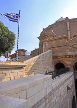Greek Flag in Front of St. George Orthodox Church at Coptic Cairo Egypt