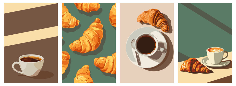 Cup of coffee and croissant posters set. Side and top view. Happy hour and lunch brake time concept. background for a bakery. Minimalism flat cartoon vector style