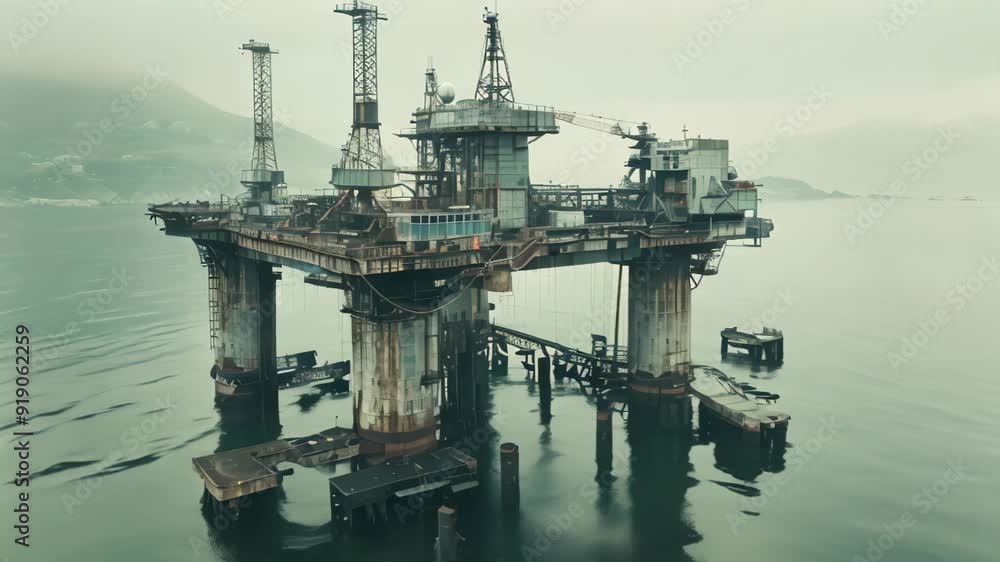 Poster A computer screen displaying vibrant and colorful lines, illustrating digital data processing, The industrial structure of an oil rig blending with the natural beauty of the sea