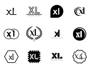 XL logo company template. Letter x and l logotype. Set different classic serif lettering and modern bold text with design elements. Initial font typography.
