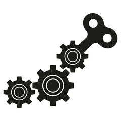 Clockwork toy mechanism isolated transparent. Simple black  Gear wheels and wind-up key. Minimalism vector illustration can used infographic, technology design template. EPS 10