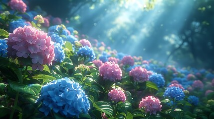A garden of hydrangeas in various shades of blue and pink, lush greenery, sun shining overhead, gentle breeze, anime style, hd quality, vibrant colors, soft lighting. --ar 16:9 --v 6.0