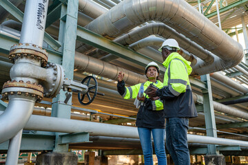 Young mechanical engineer working and holding tablet to checking and inspection gas pipeline system...