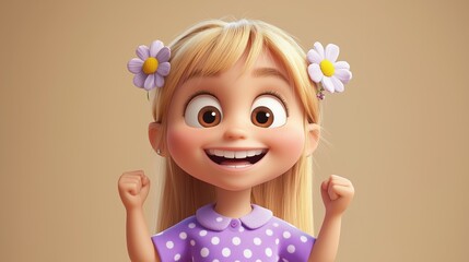 Fototapeta premium young girl with straight blonde hair, wearing a dress and a flower hairpin. She has an excited expression, with a big grin and raised fists, capturing the emotion of joy and enthusiasm.